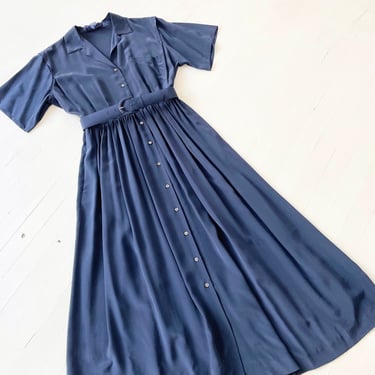 1980s Ralph Lauren Belted Navy Silk Dress 