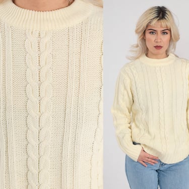 Cable Knit Sweater 80s Cream Wool Sweater Mock Neck