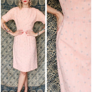 1950s Dress // Pink Embroidered Sheath Dress // vintage 50s wiggle dress 