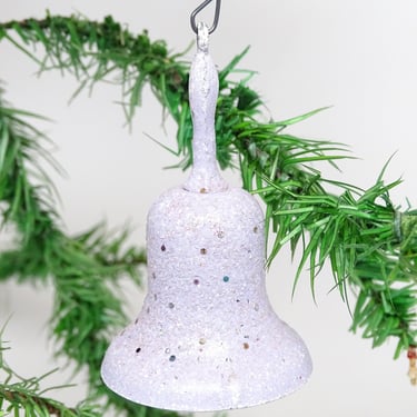 Vintage 1950's Christmas Tree Bell Ornament, Glittered Painted Metal with Handle,  Antique Retro Decor 