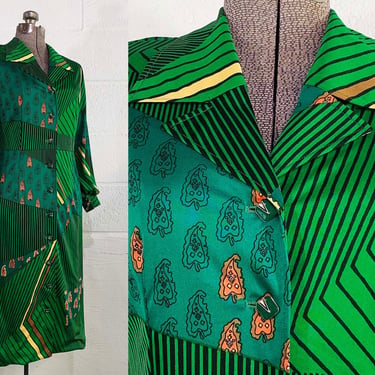 Vintage Kelly Green Abstract Floral Dress Long Sleeve Shirt Dress Button Front Shift Sleeves Mod Dopamine Dressing 1980s 1970s Small 