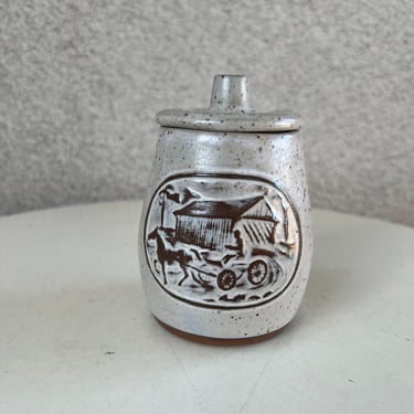 Vintage Onion River Pottery of Winooski, Vermont rustic ceramic honey or jam jar size 3.5”X 3” 