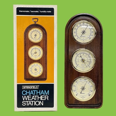Vintage Springfield Weather Station Retro 1980s Thermometer + Barometer + Humidity Meter + Chatham 8202 + Brown Wood + Never Used + In Box 
