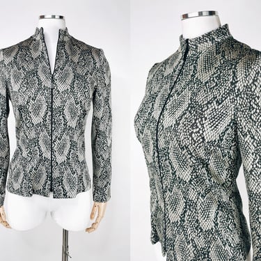 Vintage 1990s Snake Print Fitted Zip Front Blouse by David Warren USA XS/S Petite (4) | Black & Silver, Slither, Sexy, Boss, Power Suit 