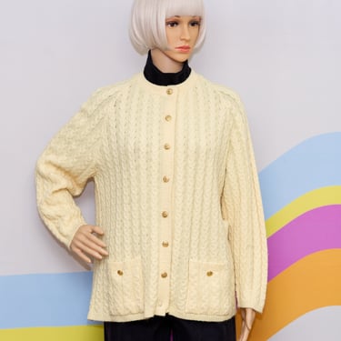 Vintage 1960s Light Yellow Cardigan Sweater | Medium 