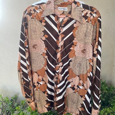 Vintage Disco men’s shirt browns floral polyester nylon Sz M/L by Spire California 