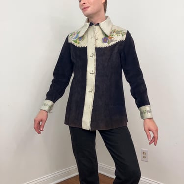 70s Char Mexican leather/suede jacket with hand painted florals and birds 