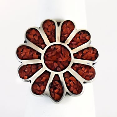 60's sterling crushed coral size 6.25 boho daisy ring, big 925 silver red stone Southwestern floral hippie statement 