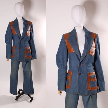 1970s Blue Denim and Leather Button Down Blazer Jacket with Matching Leather Stripe Two Piece Pant Suit by International Shirt Shop 