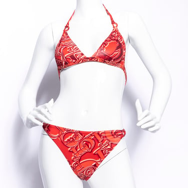 CHRISTIAN DIOR 00s Red Abstract Logo Thong Bikini