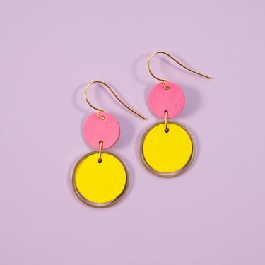 Pink + Yellow Orbit Leather Earrings - Colourful Retro Statement Earrings 