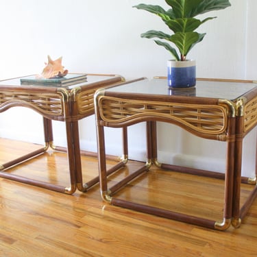 Mid Century Modern Pair of Rattan Bamboo Tables