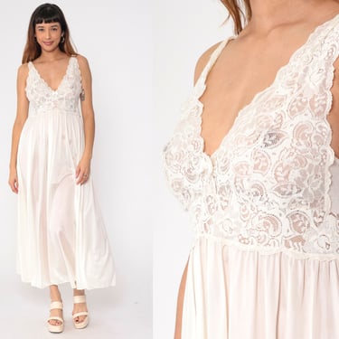 White Lingerie Nightgown 80s Sheer Lace Slip Dress Bridal Nightie Maxi V Neck Vintage Boho Sleeveless High Waist Romantic Bohemian Small 