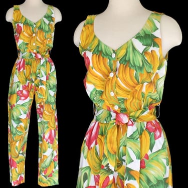 Vintage 90s Tropical Fruit and Floral Novelty Print Jumpsuit, Sleeveless Button Front Jumpsuit, Carol Anderson, Size S, Small 