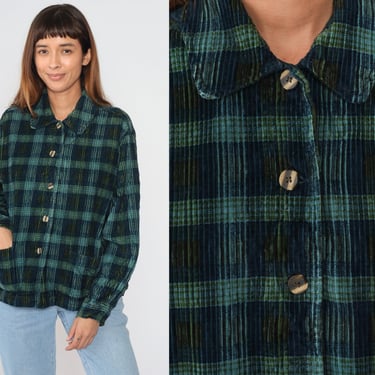 90s Plaid Shirt Button up Shirt Jacket Retro Blue Green Checkered Print Collared Shacket Ribbed Cotton Streetwear Hiking Vintage 1990s Large 
