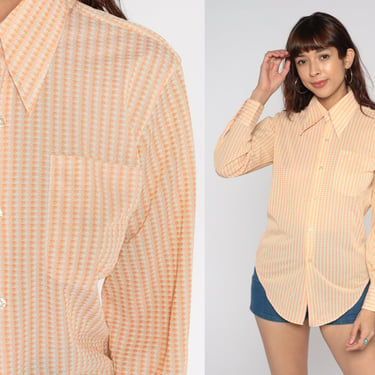 70s Collared Shirt Disco Orange Checkered Shirt Button Up Dagger Collar Shirt Plaid Bohemian 1970s Vintage Long Sleeve Medium Large 