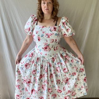 80s Floral Garden Party Dress Rose Print Puff Sleeve Basque Waist Plus Size XL 
