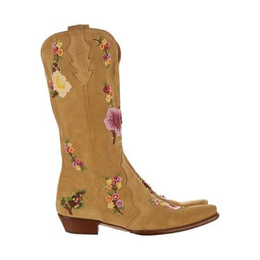 Dolce &amp; Gabbana Tan Floral Embroidered Cowboy Boots
