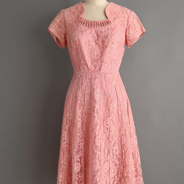 vintage 1950s Dress | Pink Lace Short Sleeve Spring Cocktail Dress | Large 