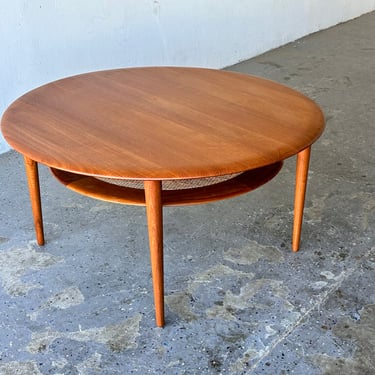 Solid Teak and  Cane Danish Modern Round Coffee Table Peter Hvdit For France & Son 