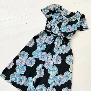 1940s Blue Floral Print Rayon Dress 