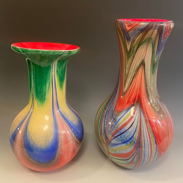 Pair of 2 Hand Blown Colorful Glass Vases- Unknown 
