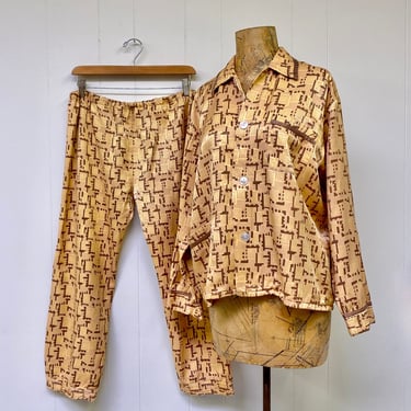 Rare Vintage 1960s Geometric Pattern Pajama Set, Art Deco Style Rayon-Viscose PJs, Mid-Century Gender Neutral Sleepwear, 42