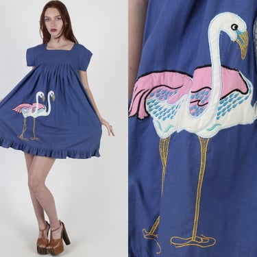Vintage 80s Tropical Flamingo Sundress Beach Pool Lounge CoverUp Blue Mini Dress 