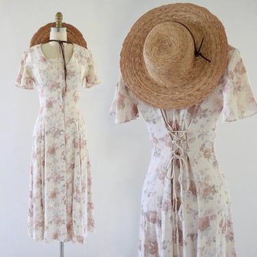 muted floral tie back dress - XS - vintage beige flowery cute minimal cottage cottagecore long lace maxi extra small 90s 1990s 