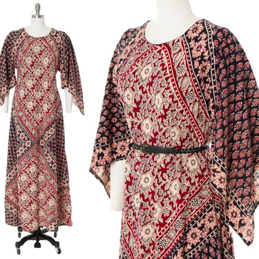 Vintage 1970s Dress | 70s Indian Cotton Floral Geometric Printed Pointed Angel Sleeve A-Line Boho Flowy Maxi Dress (small/medium/large) 
