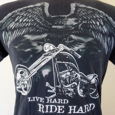 Vintage motorcycle shirt size medium, Live Hard Ride Hard biker black and white worn in rock and roll tee 