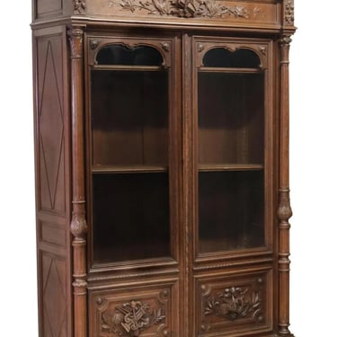 Antique Bookcase, Library, French, Carved Oak, Glazed Doors, 1800s