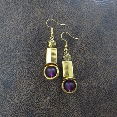 Hammered gold and purple frosted glass earrings 
