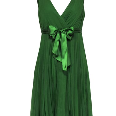 Rebecca Taylor - Emerald Chiffon Pleated A-Line Dress w/ Satin Belt Sz 6