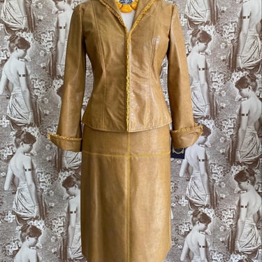 vintage y2k nanette lapore faux snake skin yellow suit, 90s pencil skirt and blazer, size 8 medium 