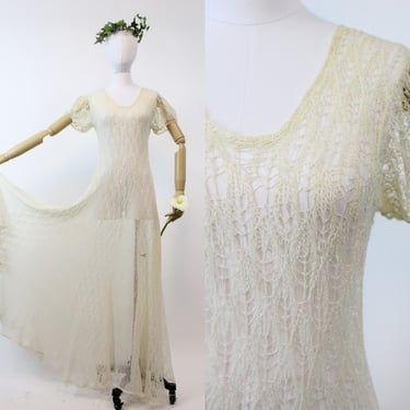 1930s spiderweb lace knit dress | vintage wedding dress | small medium 