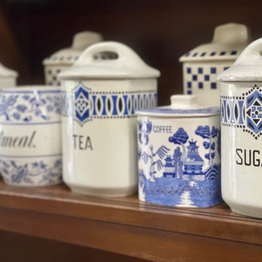 Antique Blue Stencil SUGAR German Dutch Ceramic Canisters  | Blue + White Kitchen | Antique German | Barley Canister French Blue Canister 
