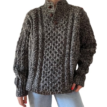 Vintage Mens LL Bean Gray Marled Wool Irish Fisherman Cable Knit Cowl Sweater XL 