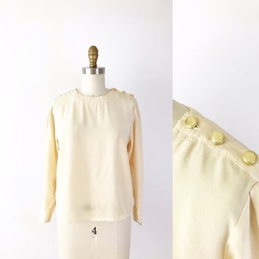 SIZE XS / S 1970s Silky Cream Blouse - 70s Button Shoulder Blouse - Light Academia Minimalist Silk Blouse White Ivory Cream 