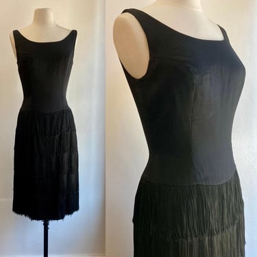 Vintage 60s COCKTAIL Dress / FRINGE Little Black Party Dress / Hourglass Wiggle Cut + 5 Tiers of Fringe Skirt / S 