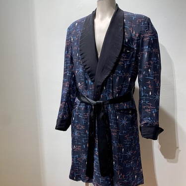 1950'S Mid-Century Lounge Robe - Atomic Rayon Print - Fully Lined in Black Satin - Men's Size Medium to a Large 