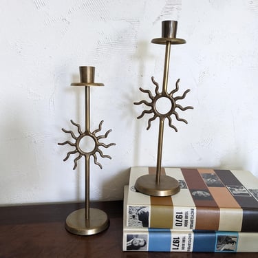 Pair of Vintage Brass Sun Motif Candle Stick Holders 