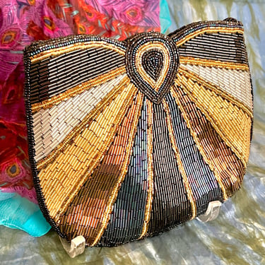 Glitzy Beaded Clutch, Peacock Feather Design, Intense Colors, Seed Beads, Cocktail Purse, Optional Crossbody Strap, Vintage 80s 90s 