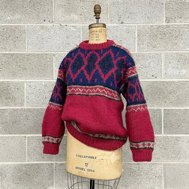 Vintage Sweater Retro 1980s Icelandic Design + Authentic Handknit + Size XL + Pullover + Lopi Wool + Fair Isle + Printed + Unisex 