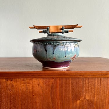 Vintage Asian-inspired lidded bowl / signed handmade pottery in teal blue and purple 