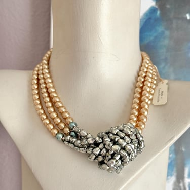 Glam Statement Necklace, Triple Strand, Creamy Pearl Beads, Rondelles, Grey Pearls, Czech Republic, Vintage Jewelry, Faux Pearls 