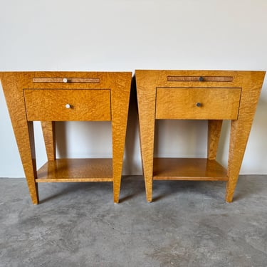Vintage Italian Design Birdseye Maple & Marble Top Nightstands – A Pair 