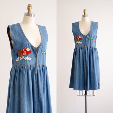 denim pinafore dress 80s 90s vintage farm sheep cow embroidered mini dress 