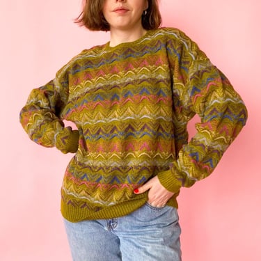 1980s Chartreuse Patterned Sweater, sz. L/XL