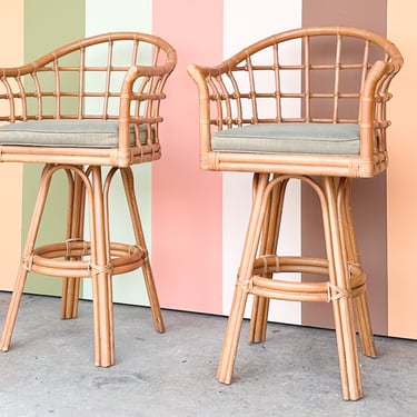 Pair of Rattan Barrel Back Bar Stools